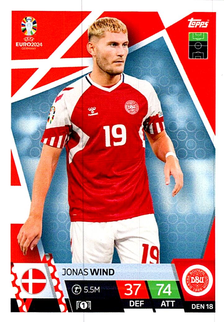 TOPPS MATCH ATTAX UEFA EURO 2024 JONAS WIND DINAMARCA NºDEN18