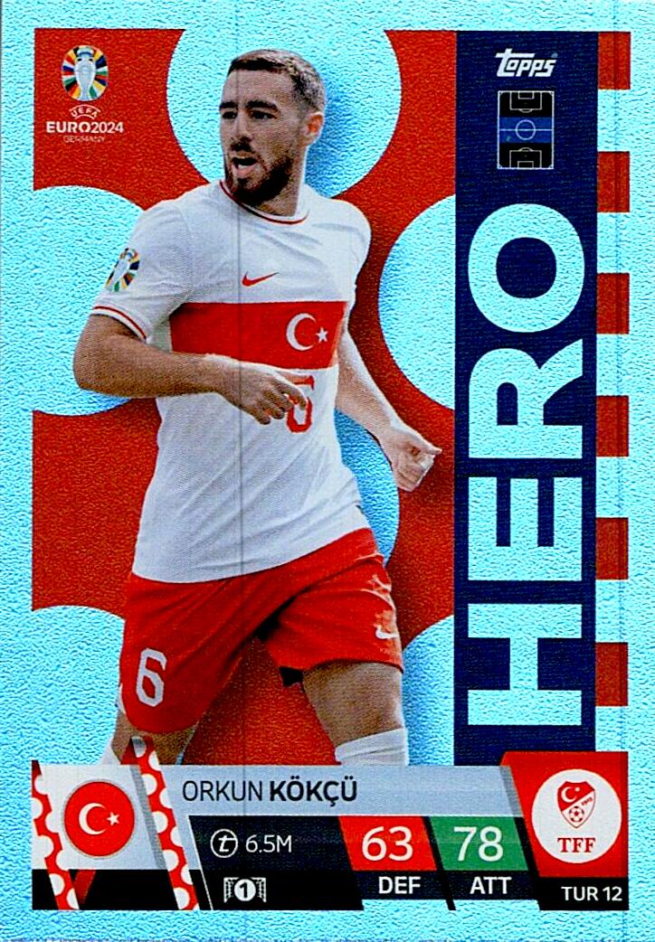 TOPPS MATCH ATTAX UEFA EURO 2024 ORKUN KÖKCÜ TURQUIA NºTUR12 HERO